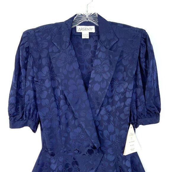 New Vintage Argenti Silk Floral Jacquard  Navy/Purple Peplum Blouse Size 8 - Picture 4 of 16
